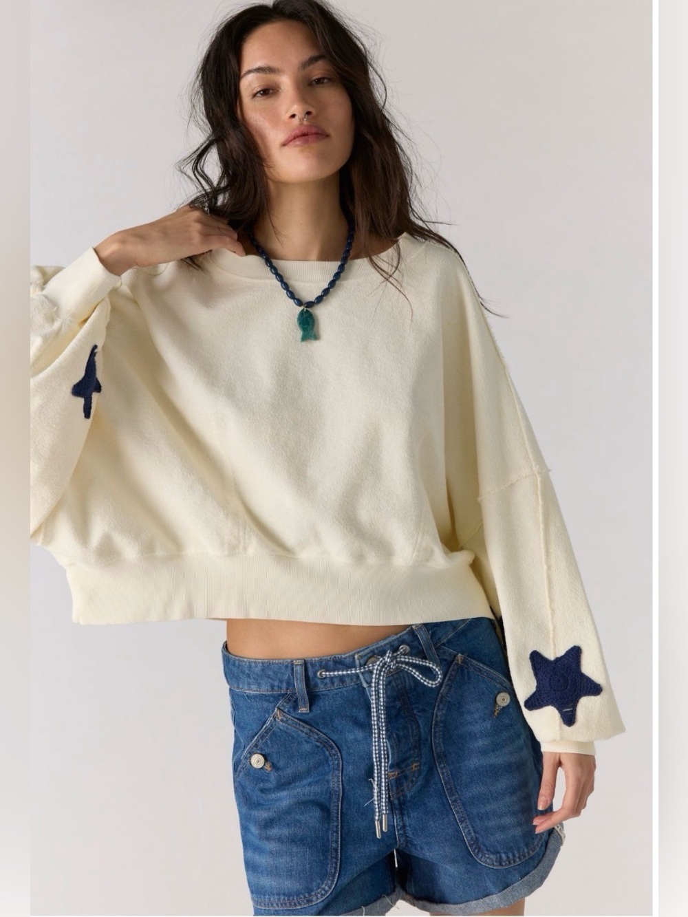 Free People X Tricia Fix Crochet Star Sweatshirt in Ivory Combo Size L New